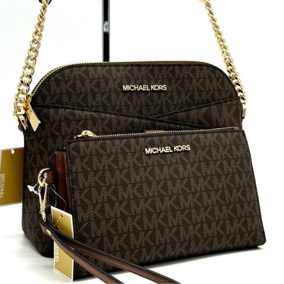 Michael Kors Jet Set Travel MD Logo Dome Crossbody Bag & Matching Wallet Brown - Picture 1 of 13